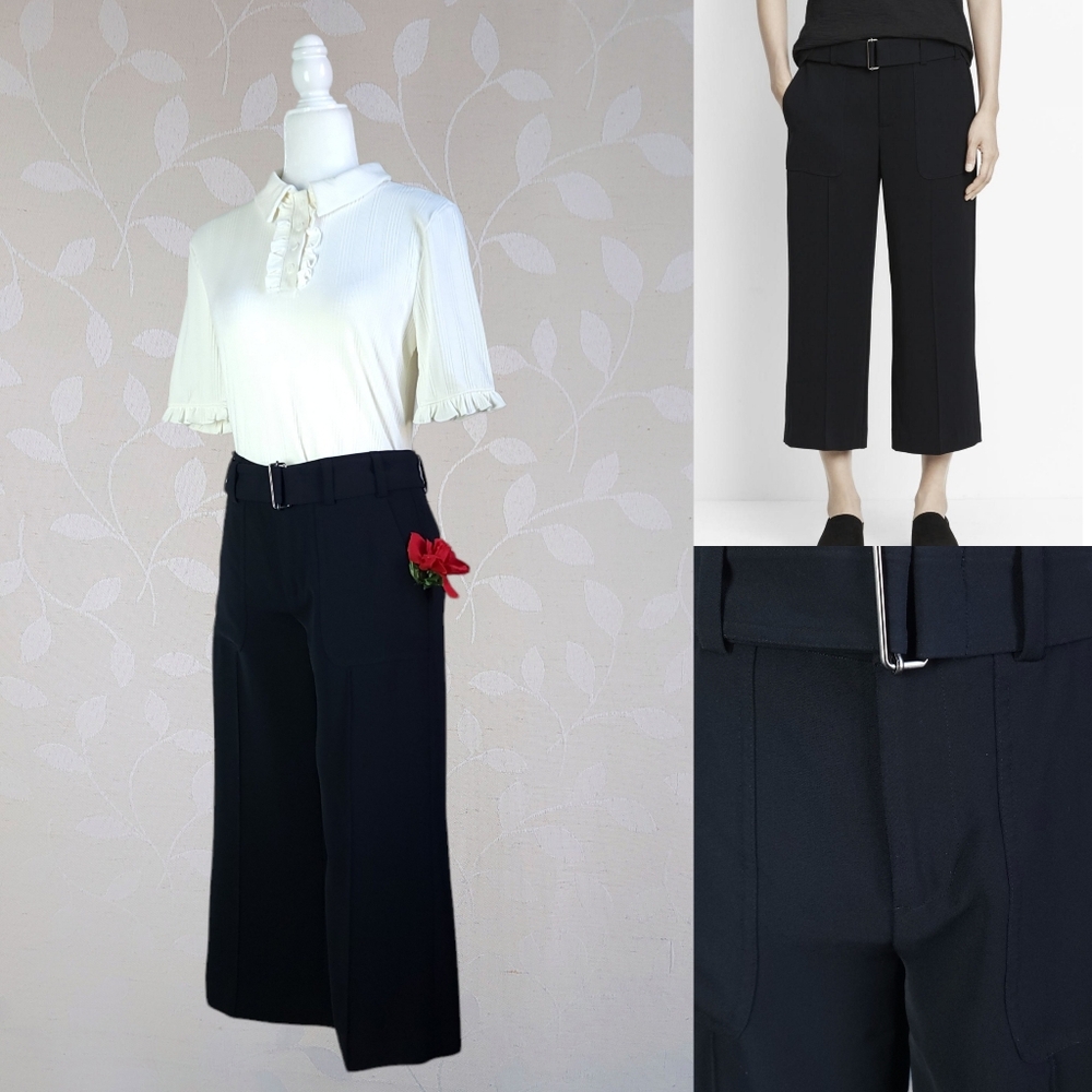 Vince Belted Wide Leg Cropped Trousers Retro Office Twee Capri Pants Blue 2